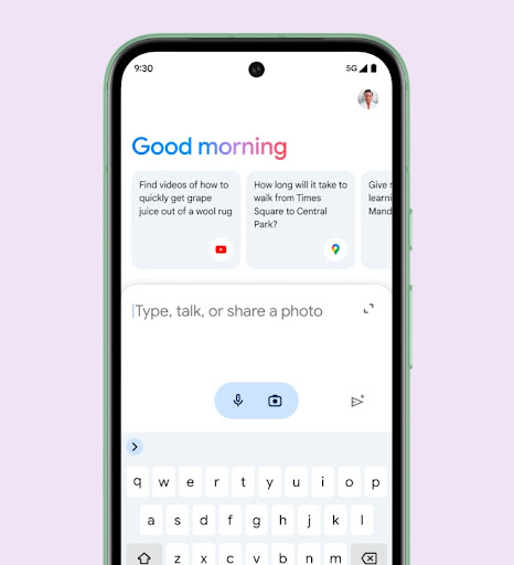 Gemini on a Pixel 8a greets the user with a "Good morning." The user can type, talk, or upload an image to interact with Gemini.