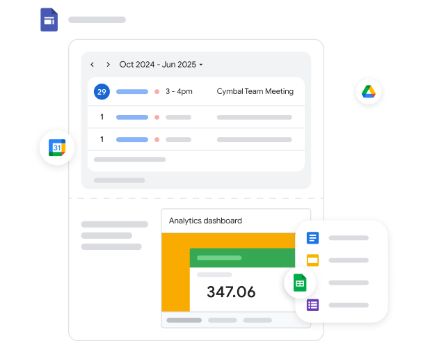 Workspace interface showing calendar events and an embedded analytics dashboard