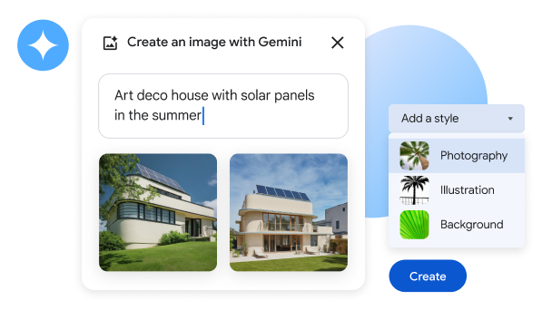 A função "Ajuda-me a ver" do Gemini a ser usada para mostrar 4 imagens de casas art déco com painéis solares no telhado. 