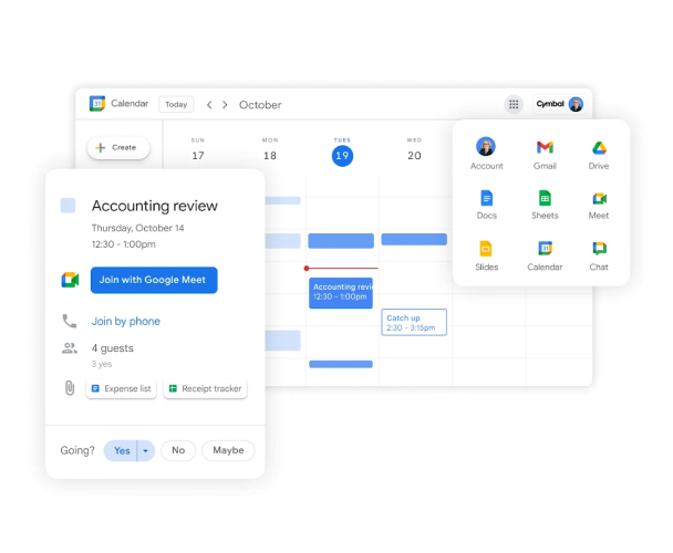 O Google Workspace inclui o Google Meet, o Chat, o Drive, o Docs, o Sheets e o Slides numa única subscrição. 