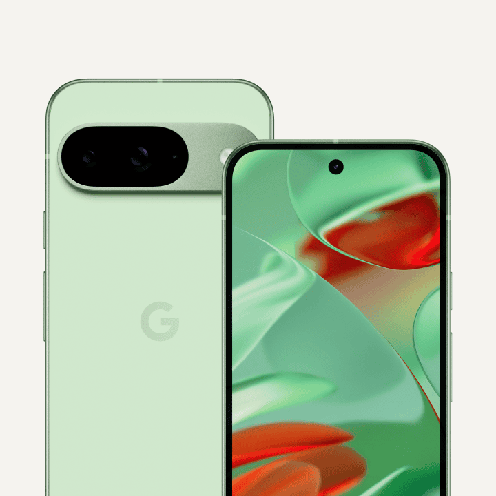 The front and back of Pixel 9 in Wintergreen color. The back shows off its upgraded camera bump, while the front shows off its brilliant display.