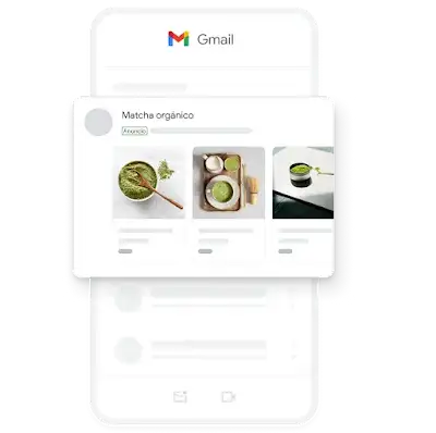 Un ejemplo de un anuncio de generación de demanda para dispositivos móviles que se publica en la app de Gmail, en el que se destacan varias imágenes de té matcha orgánico.