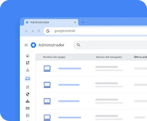 Vista del administrador de Google ChromeOS con dos columnas que muestran una lista de dispositivos y la versión del navegador