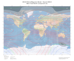 Magnetic North Component at 2020.0 from the World Magnetic Model