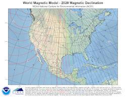 Declination over the United States at 2020.0 from the World Magnetic Model Antarctic Projection