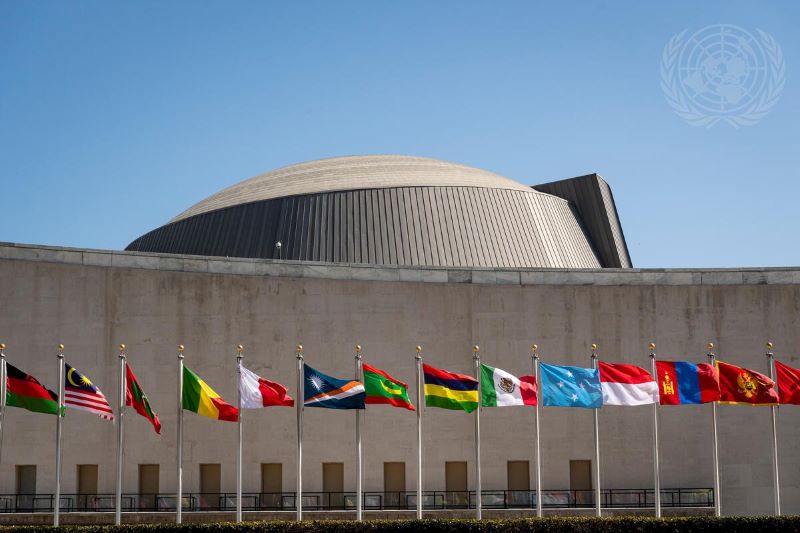 A view of the flags outside the General Assembly building.