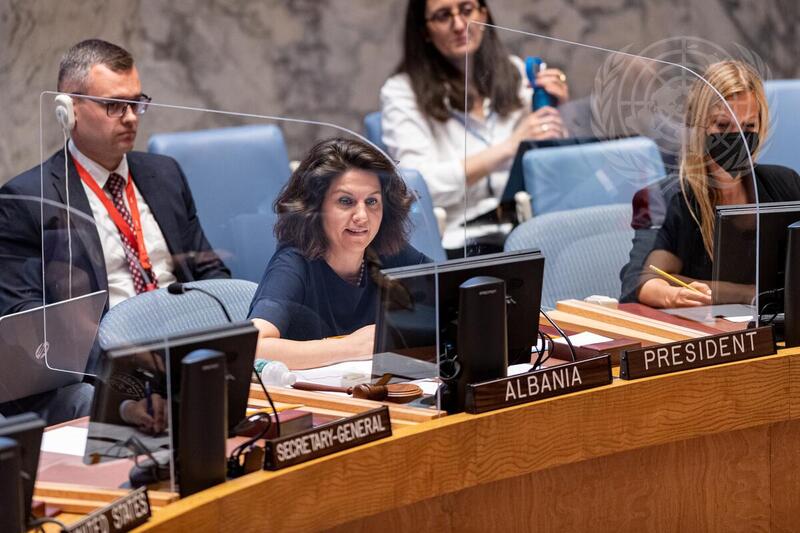 A view of Albana Dautllari speaking at a Security Council meeting.