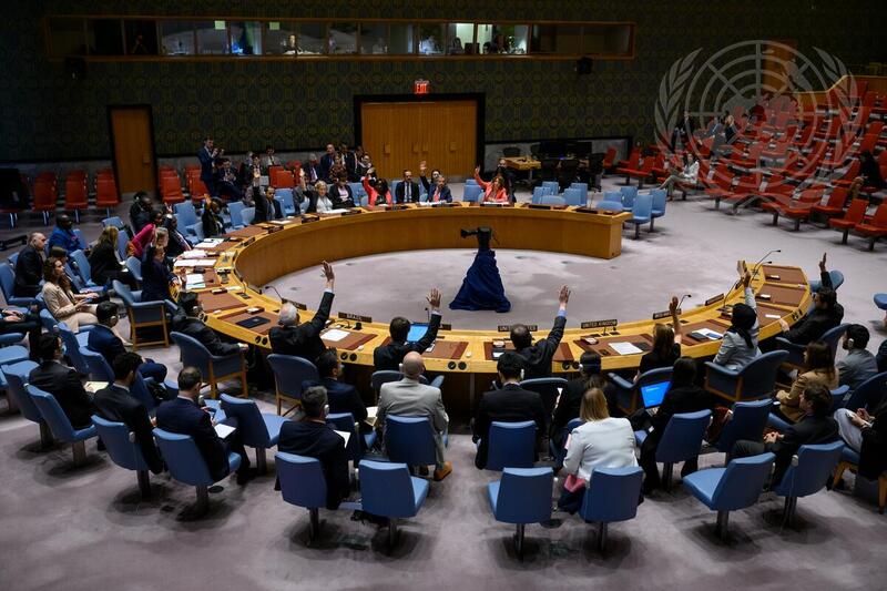 Delegates voting with raised hands around the circular table in the Security Council.