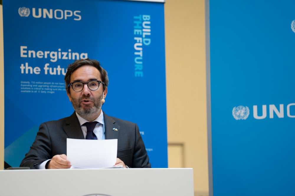 Jorge Moreira da Silva, UNOPS Executive Director, delivers opening remarks during a high-level event on sustainable energy infrastructure in Ukraine at UN City in Copenhagen, Denmark.  July 2023.