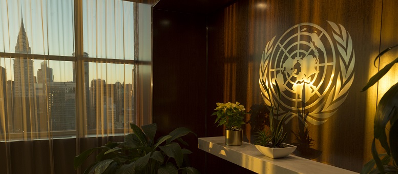 UN emblem and city skyline in afternoon light, UN Photo 744496