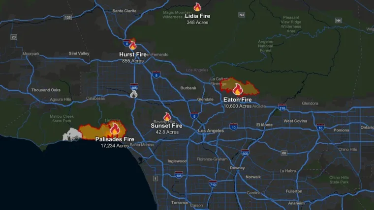 Los Angeles wildfires map 2025