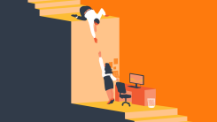 An illustration of a man reaching down to help a woman climb up out of her office cubical 