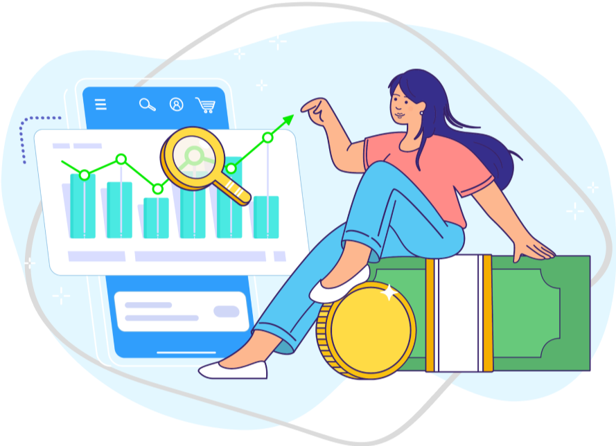 A person sitting on money looking at graphs. Nero's A/B performance testing.