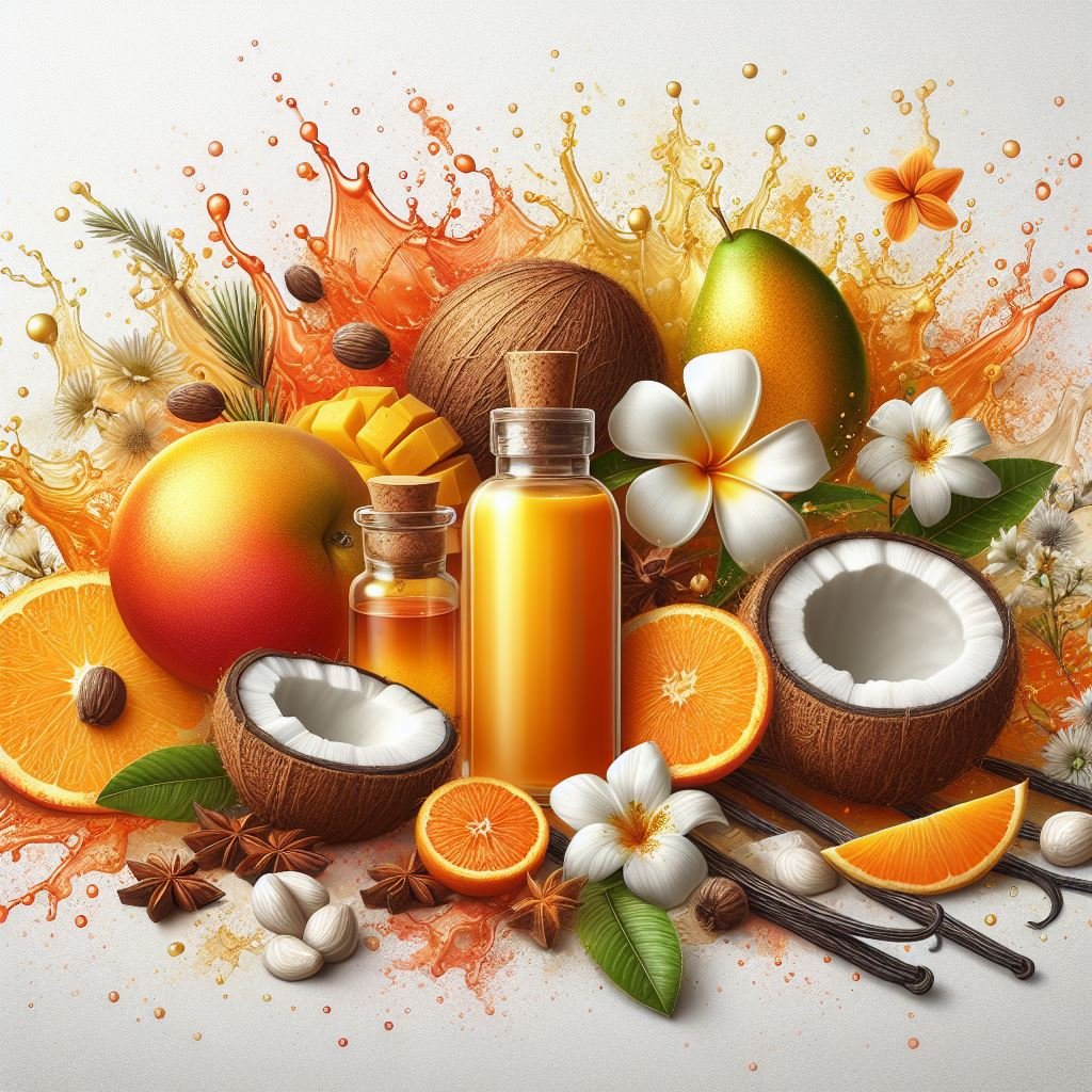 Commercial product digital art, splashes of oranged color water, mango, coconut, chamomile flower, ylang-ylang flower, vanilla, orange blossom, all in the centre of the composition.