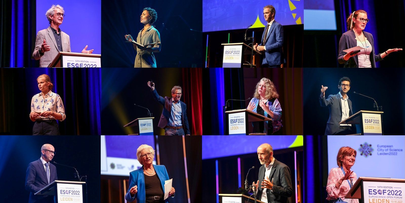 A collage of photos of people giving speeches at a conference.