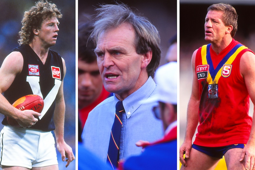 A split image with an AFL player wearing a Big V, a coach in shirt and tie and a player wearing red, yellow and blue. 