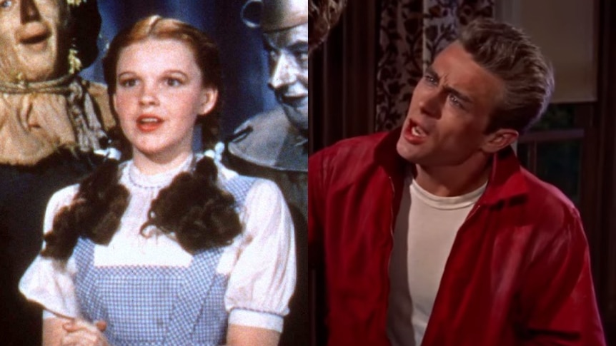 A collage of Judy Garland in Wizard of Oz and James Dean in Rebel with a Cause 