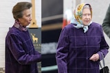 Two side by side photos of Princess Anne and Queen Elizabeth II wearing the same purple checked coat