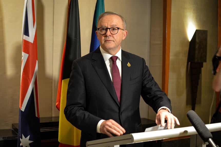 albanese in a suit with a maroon tie, standing at a lectern 