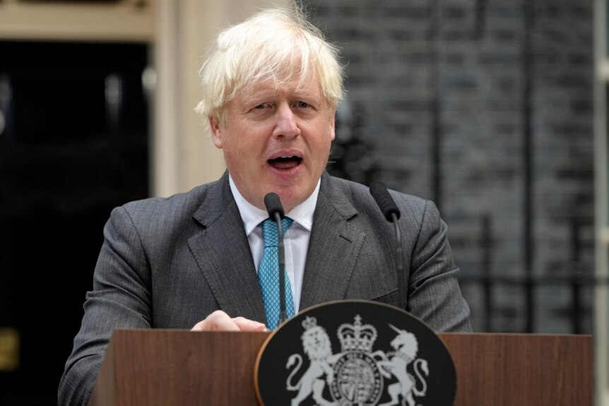 An older man wearing a blue tie stands at a lectern outside number 10.