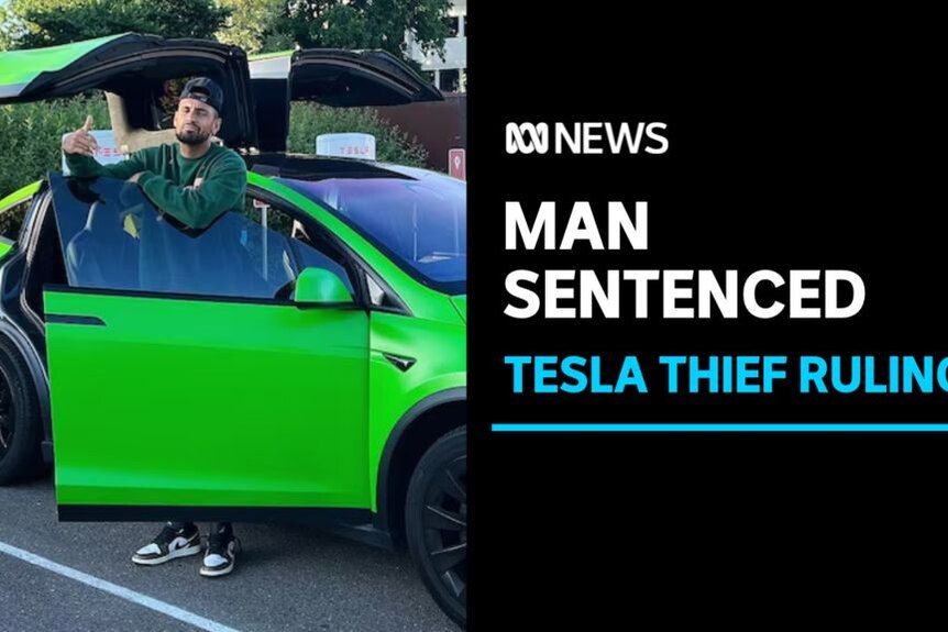 Man Sentenced, Tesla Thief Ruling: Nick Kyrgios standing alongside his lime green car.