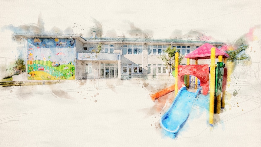 Watercolour graphic of a building that looks like a school with a playground out the front. 