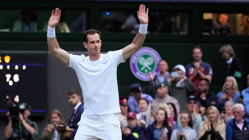 Tennis player Andy Murray stands on Centre Court at Wimbledon, with arms raised acknowledging the crowd.