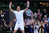 Tennis player Andy Murray stands on Centre Court at Wimbledon, with arms raised acknowledging the crowd.