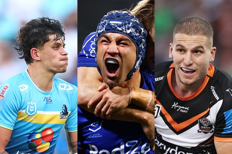 Jayden Campbell of the Gold Coast Titans, Jahrome Hughes of the Melbourne Storm and Adam Doueihi of Wests Tigers.