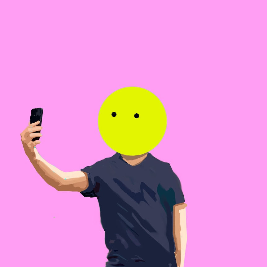 Illustration of a man taking a selfie. His head has been replaced with a large face emoji with no mouth. 