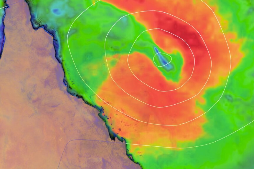 A map showing a swirling weather system off the coast of north Queensland.