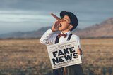 A child with a pinocchio nose holds a newspaper reading 'fake news'.