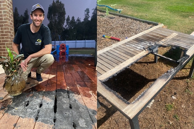 Composite of a man showing deck fire damage, and the burnt table.