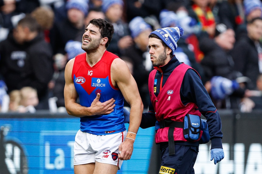 Christian Petracca grimaces and holds his ribs as he his led by the arm off the field by a Melbourne Demons trainer.