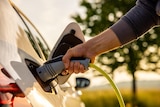 Hand of man inserting a power cord into an electric car