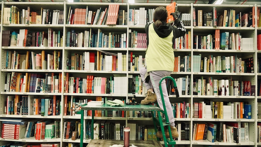 A woman in a fluro vest stands on a ladder stacking books on shelves.