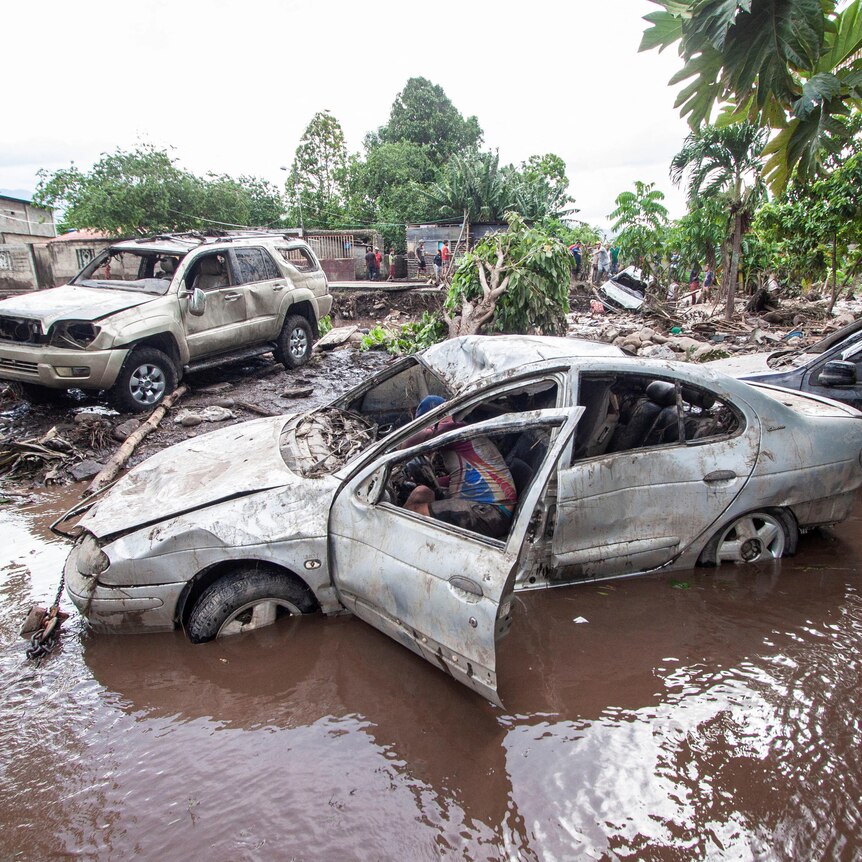 A car trapped in flood water 