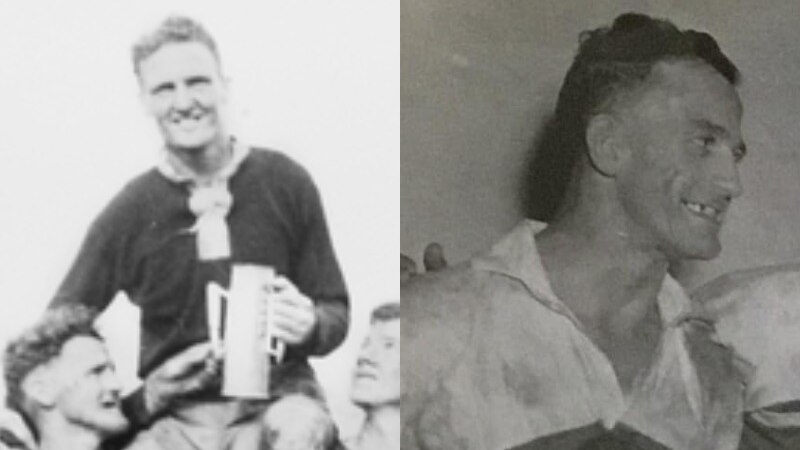 Composite black and white image of man holding trophy sitting on teammates' shoulders and another wearing football jersey 