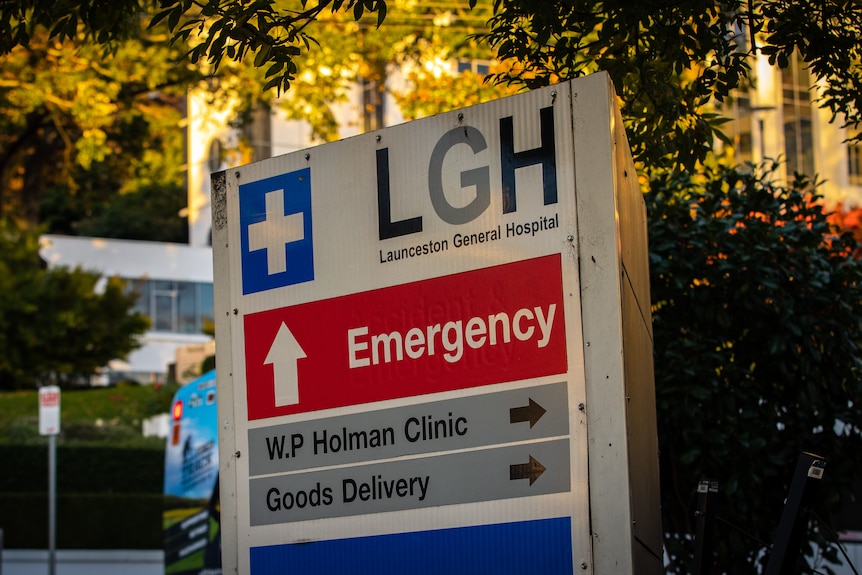 A sign sits outside Launceston General Hospital.