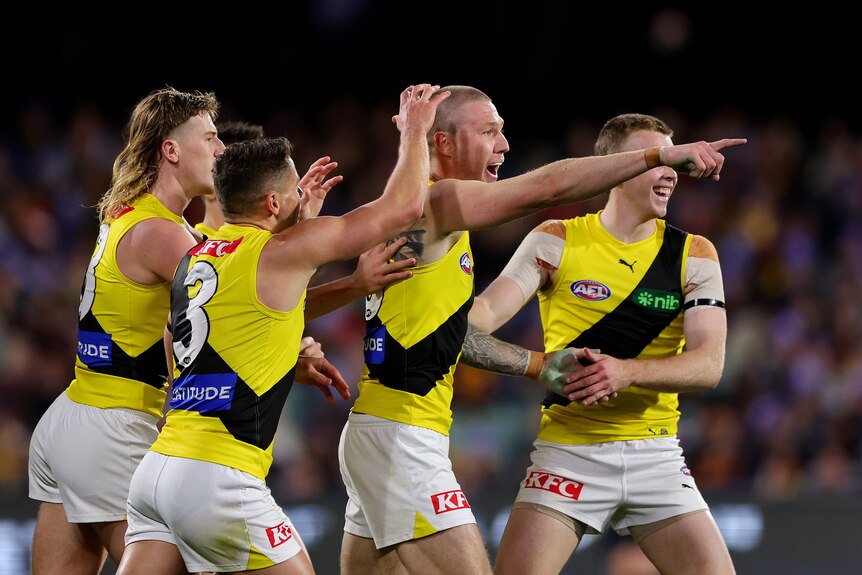 AFL footballer celebrates a goal