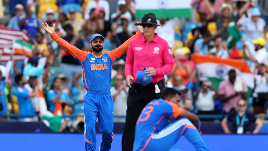 Man with arms in the air in celebration on cricket pitch 