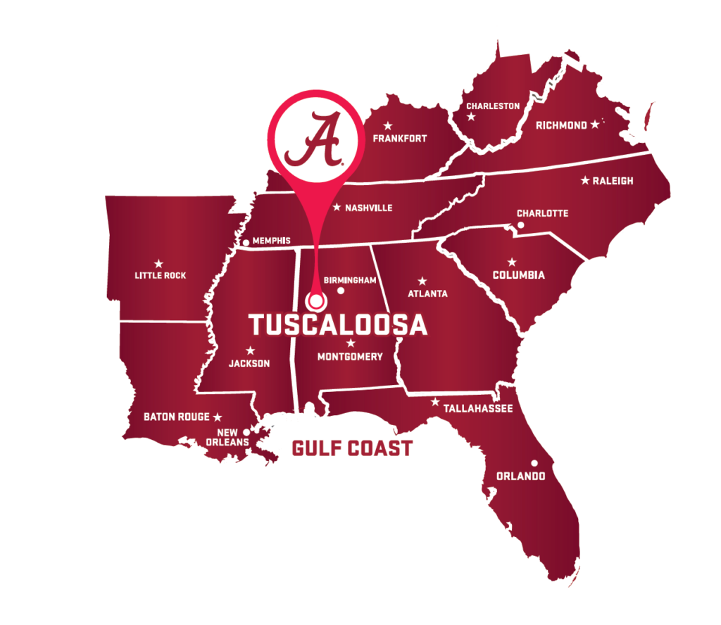 a map of the southeast showing tuscaloosa's location relative to other cities in the area