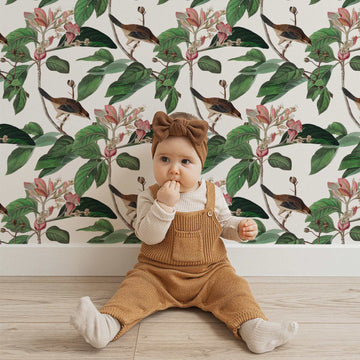 Vintage garden design kids wallpaper with little birds