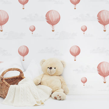 Pink vintage hot air balloon removable wallpaper for girl's bedroom interior