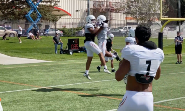 #17 Cyrus Wallace celebrate touchdown in ISU scrimmage