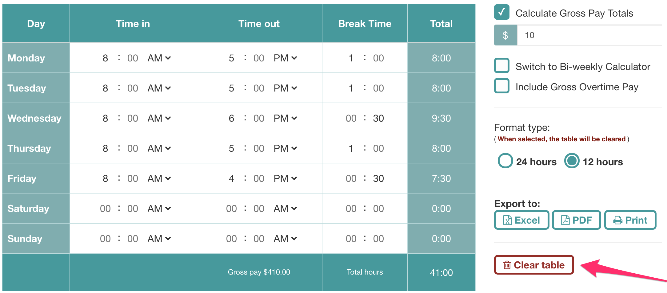 Clear Table in Your Free Timesheet Calculator