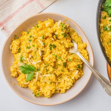 over head shot of pumpkin risotto