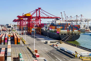 Elevated view container ship loading/unloading Port of Melbourne Swanson Dock 