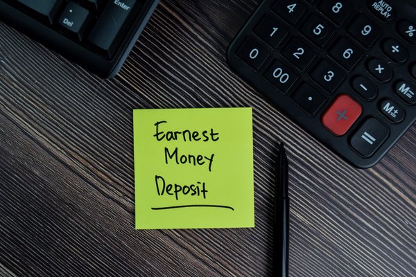 A desk with a calculator and a sticky note that says Earnest Money Deposit.