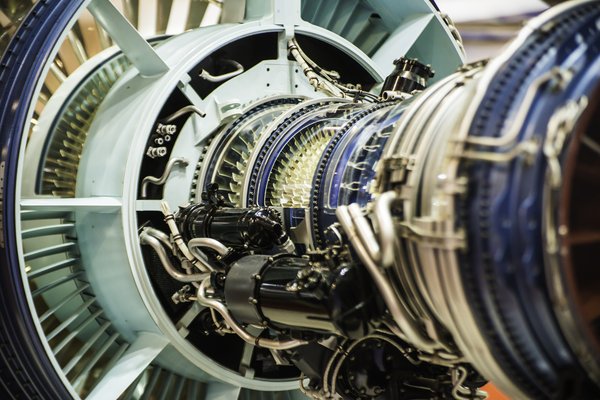 A close-up of part of an airplane engine.